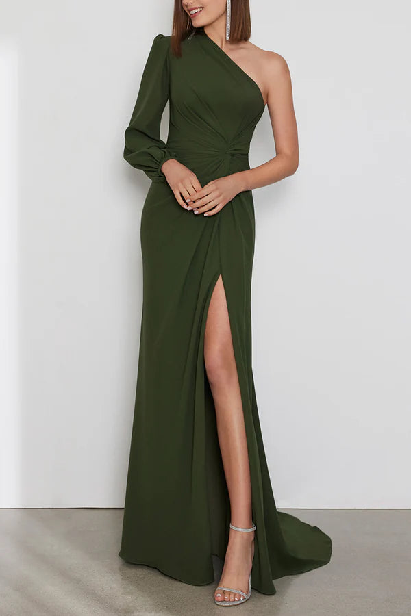 Sexy one shoulder long sleeved side slit mother of the bride dress