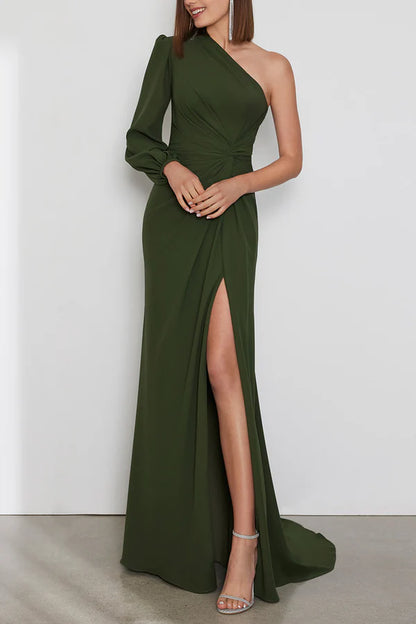 Sexy one shoulder long sleeved side slit mother of the bride dress
