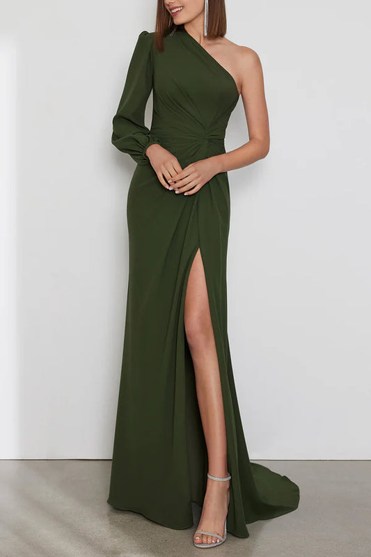 Sexy one shoulder long sleeved side slit mother of the bride dress