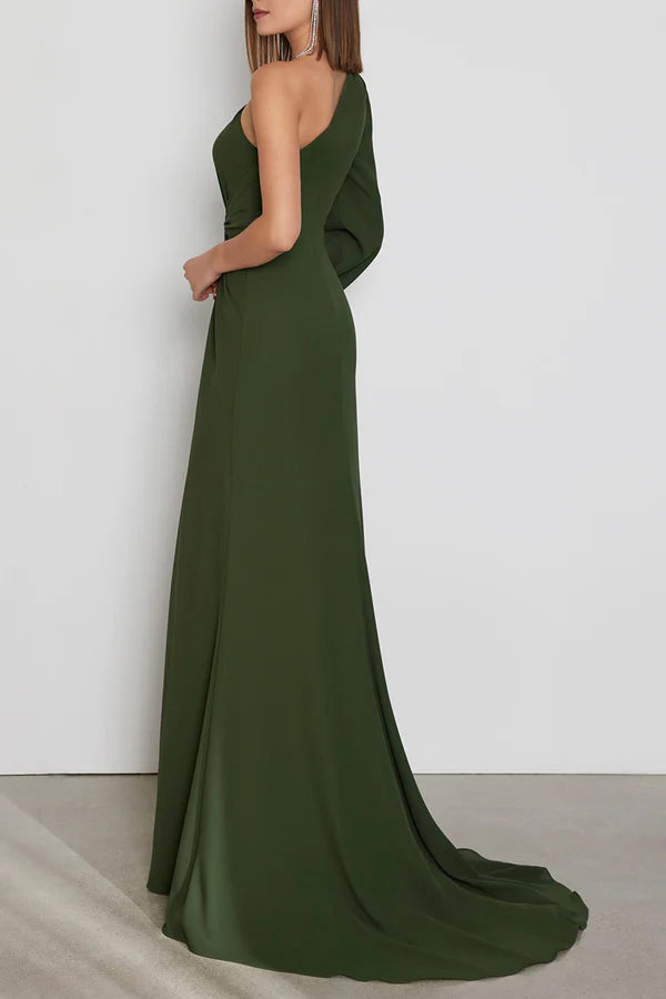 Sexy one shoulder long sleeved side slit mother of the bride dress