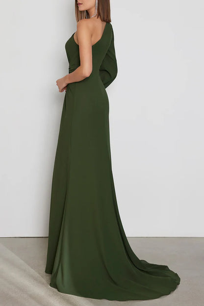 Sexy one shoulder long sleeved side slit mother of the bride dress