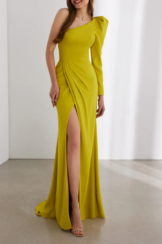 One shoulder long sleeved pleated side slits for a snug fit mother of the bride dress