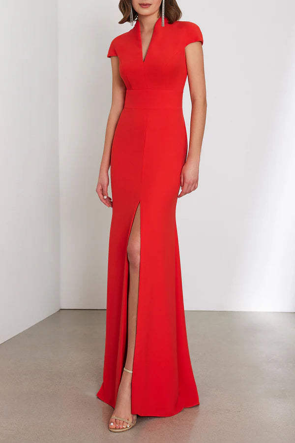 Sexy fit V-neck cap sleeve slit mother of the bride dress