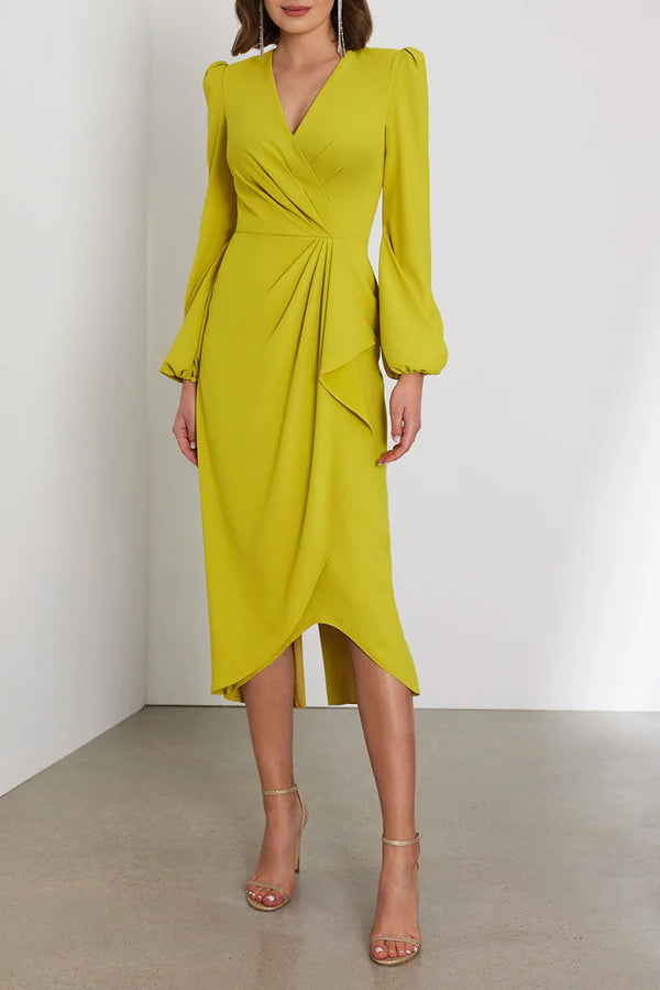 Leisure fit V-neck long sleeved pleated tea long mother of the bride dress