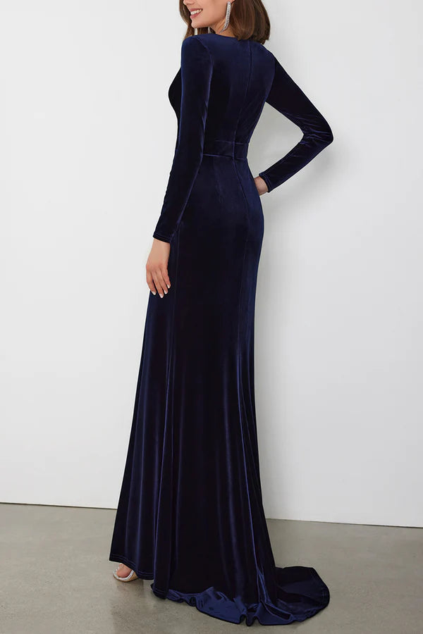 Classic and timeless V-neck long sleeved pleated side slits formal mother of the bride dress