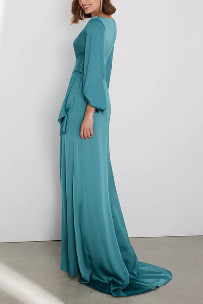 Leisure speaker V-neck long sleeved side slit formal mother of the bride dress
