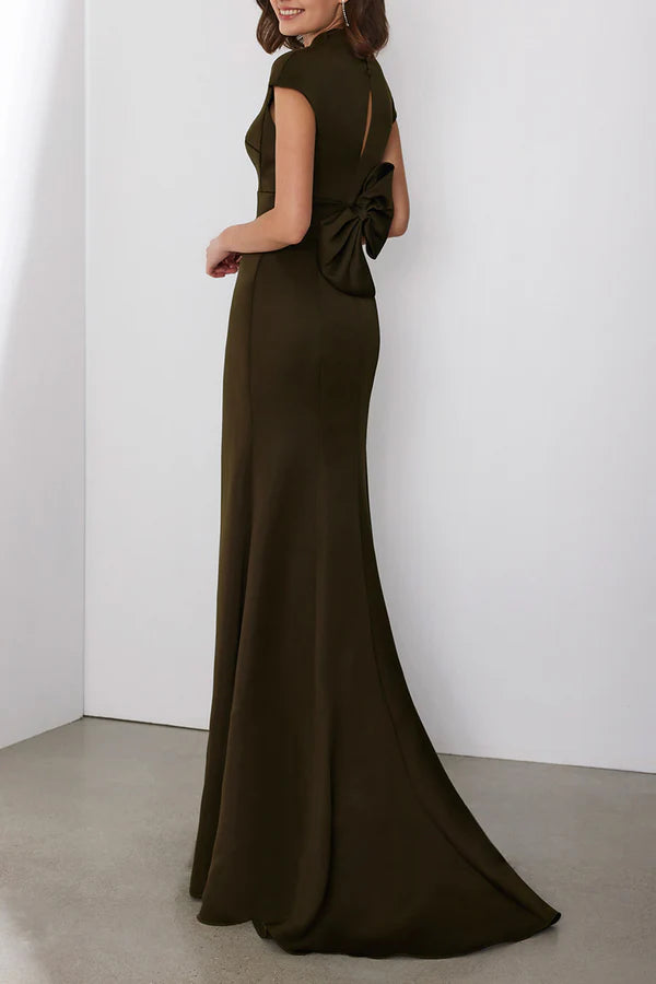 V-neck cap sleeve flared empire bow mother of the bride dress
