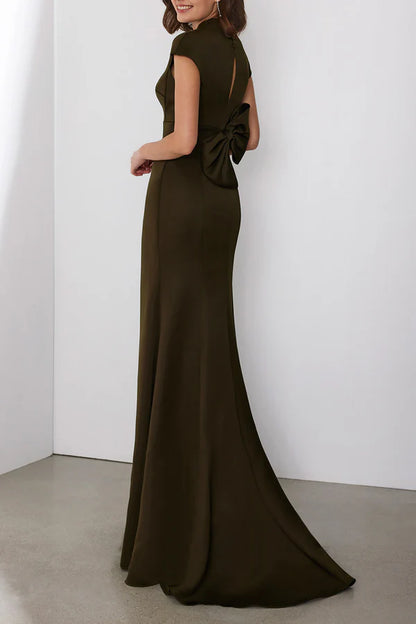 V-neck cap sleeve flared empire bow mother of the bride dress