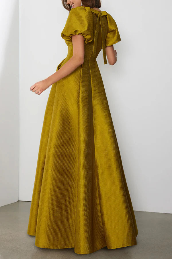 Unique satin A-line boat shaped bubble sleeves and floor length mother of the bride dress