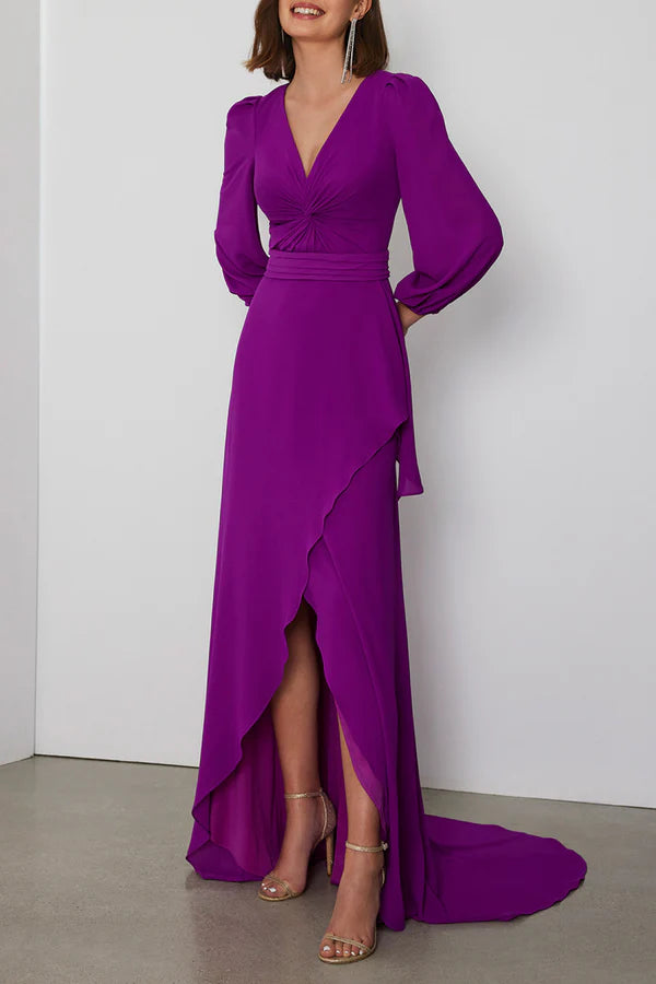 Elegant and luxurious V-neck long sleeved ruffled tail mother of the bride dress