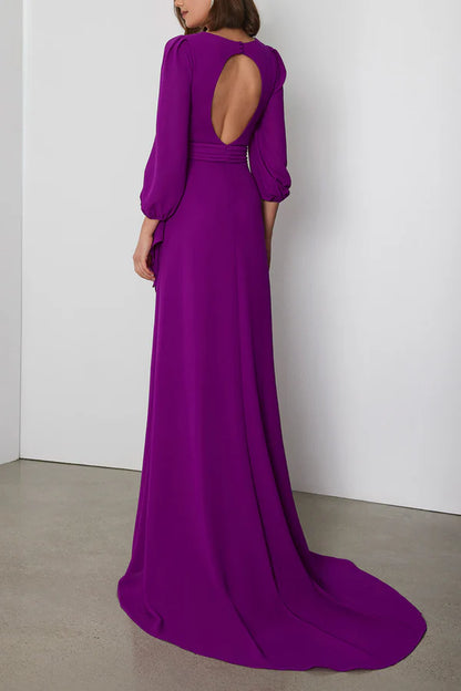 Elegant and luxurious V-neck long sleeved ruffled tail mother of the bride dress