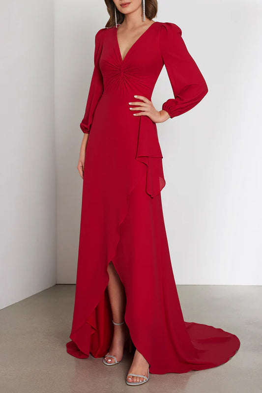 Elegant and luxurious V-neck long sleeved ruffled tail mother of the bride dress
