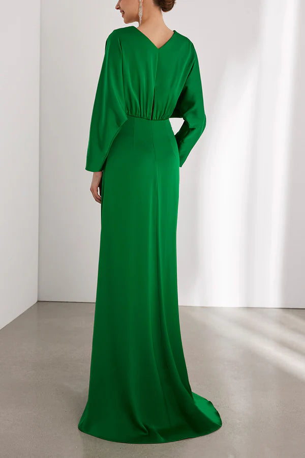 Minimalist V-neck long sleeved pleated slit mother of the bride dress