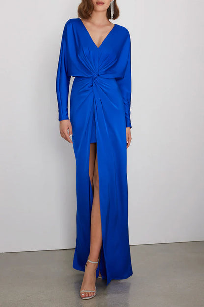 Minimalist V-neck long sleeved pleated slit mother of the bride dress
