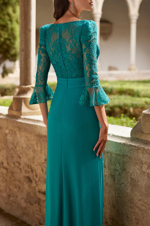 Elegant and luxurious V-neck 3/4 sleeve waistband mother of the bride dress