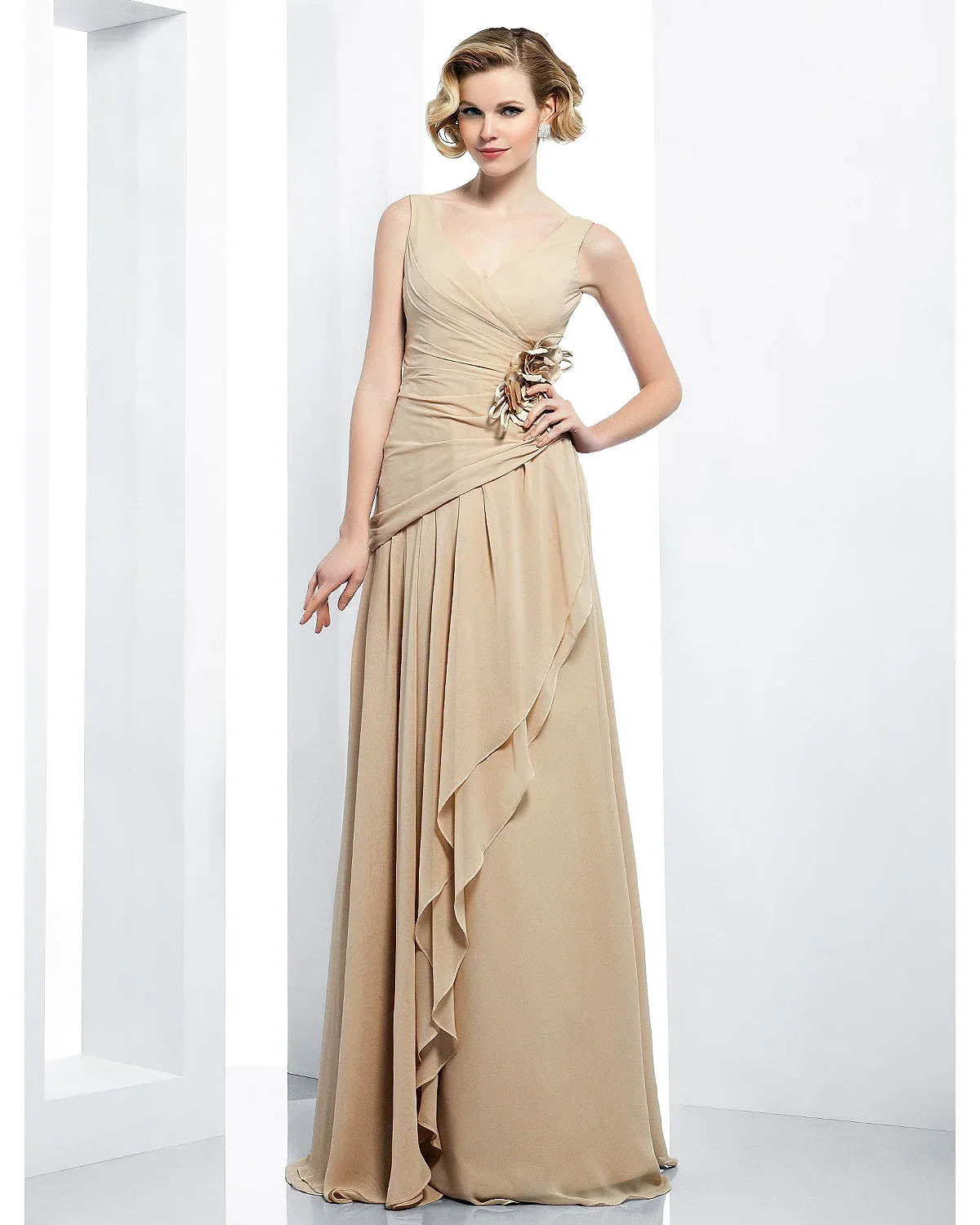 Elegant Dress Formal Evening Floor Length Sleeveless V Neck Chiffon Draping Side Flower