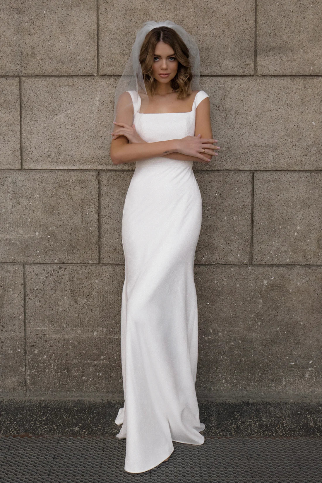 Simple Satin Sheath Square Neck Cap Sleeves Closed Back Floor-Length Wedding Dresses