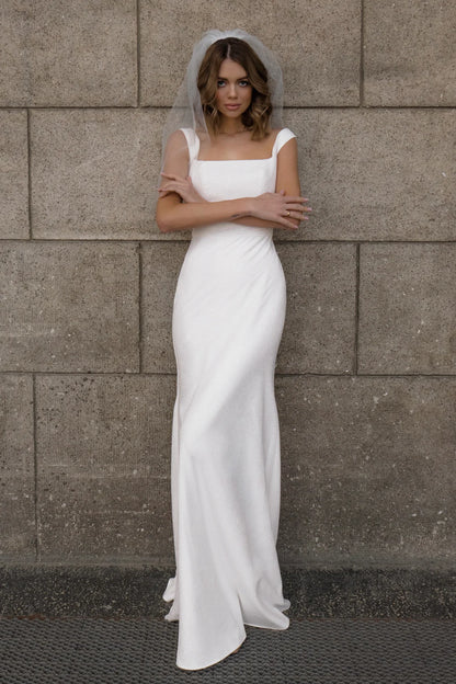 Simple Satin Sheath Square Neck Cap Sleeves Closed Back Floor-Length Wedding Dresses
