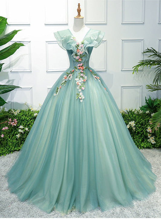 Gorgeous Green Long Tulle with Lace Applique Sweet Dress, Green Formal Gown