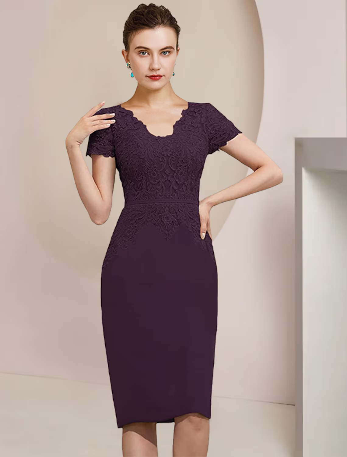 Two Piece Mother of the Bride Dress Formal Wedding Guest Elegant V Neck Knee Length Chiffon Lace Short Sleeve Jacket Dresses with Appliques