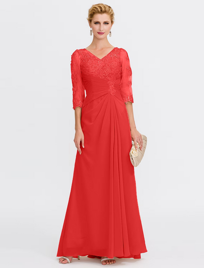 A-Line Mother of the Bride Dress Plus Size Elegant  V Neck Floor Length Chiffon Half Sleeve with Appliques Side Draping