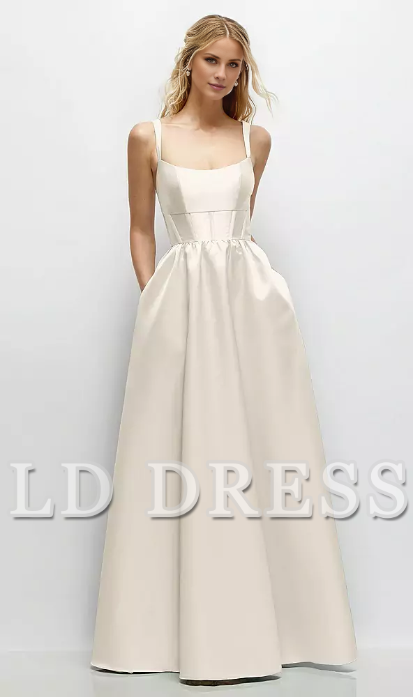 Low round neck studded tight corset satin and floor length bridesmaid dress - LD Dress