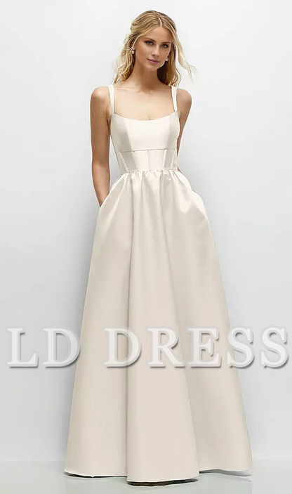 Low round neck studded tight corset satin and floor length bridesmaid dress - LD Dress
