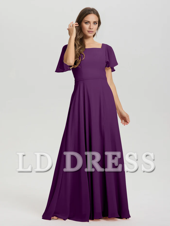 A-line square collar ruffled short sleeved and ground chiffon bridesmaid dress