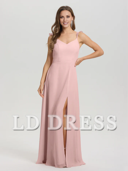 V-neck harness tie and chiffon slit bridesmaid dress