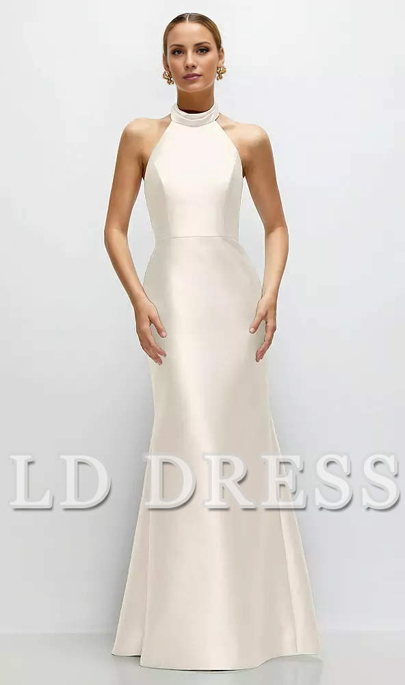 High neck spaghetti strap satin and floor length bridesmaid dress - LD Dress