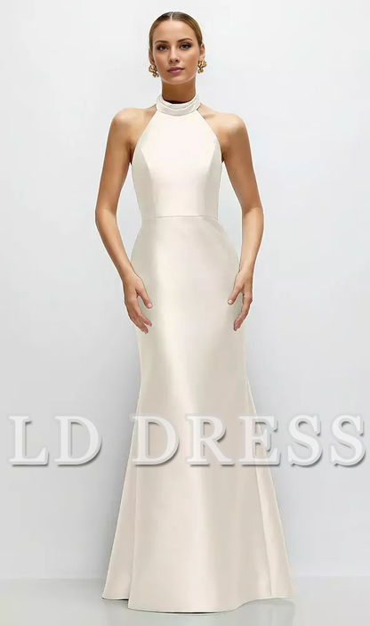 High neck spaghetti strap satin and floor length bridesmaid dress - LD Dress