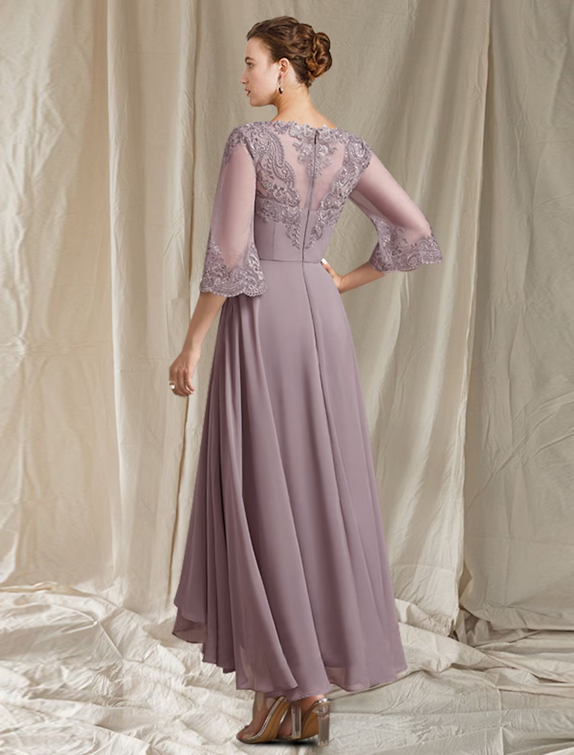 Mother of the Bride Dress Elegant High Low Square Neck Asymmetrical Ankle Length Chiffon Lace Sleeve with Pleats Appliques