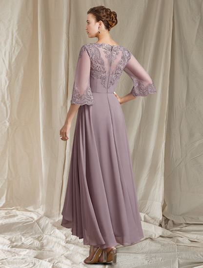 Mother of the Bride Dress Elegant High Low Square Neck Asymmetrical Ankle Length Chiffon Lace Sleeve with Pleats Appliques