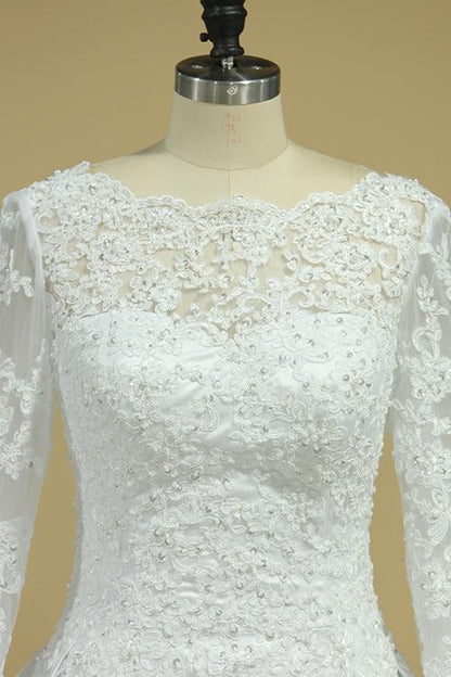 A Line Long Sleeves White Lace Appliques Satin Beads Open Back Wedding Dresses