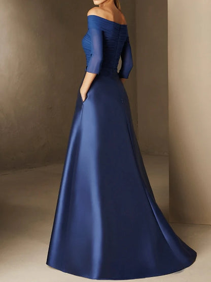 A-line/Princess Off Shoulder Short Sleeve Waistband Applique Mother of the bride dress