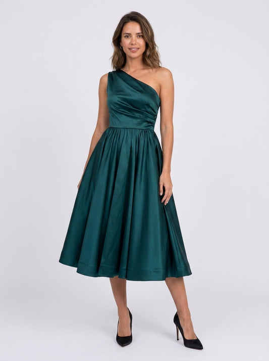 A-Line Cocktail Dresses High Split Dress Prom Birthday Tea Length Sleeveless One Shoulder Fall Wedding Guest Satin with Slit Pure Color