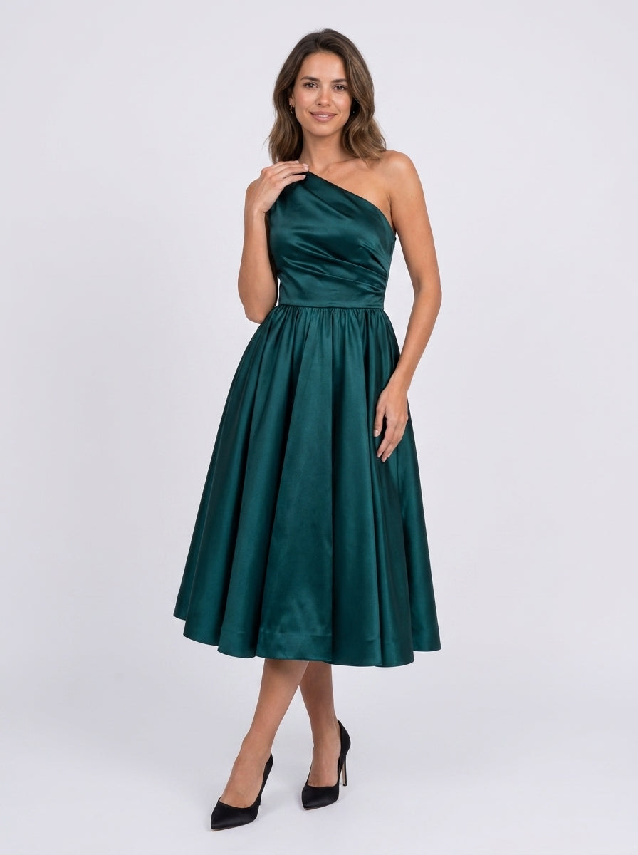 A-Line Cocktail Dresses High Split Dress Prom Birthday Tea Length Sleeveless One Shoulder Fall Wedding Guest Satin with Slit Pure Color