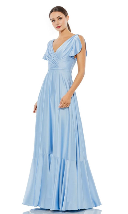 A-line V-neck off shoulder short sleeved off back satin and floor length Evening dress
