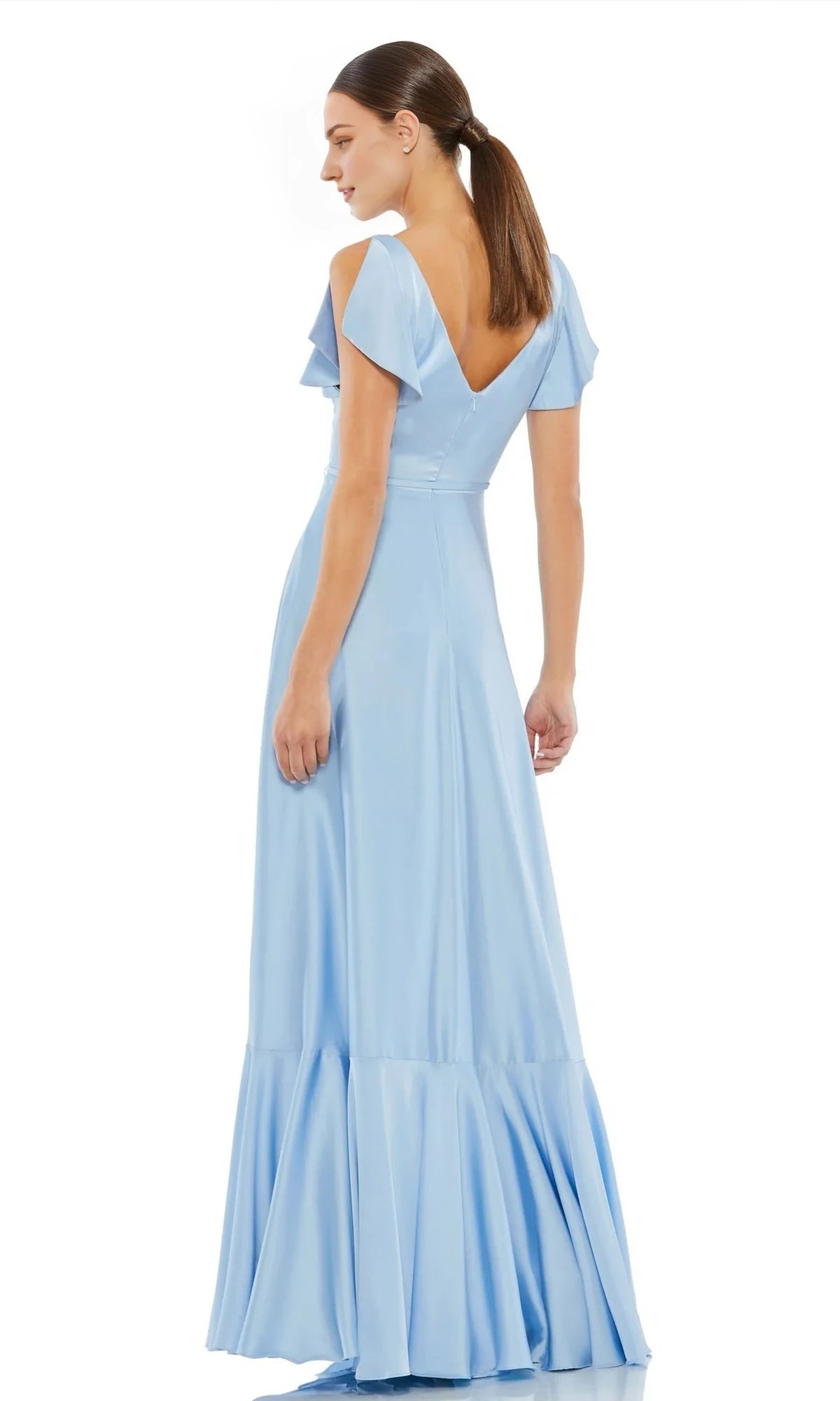 A-line V-neck off shoulder short sleeved off back satin and floor length Evening dress