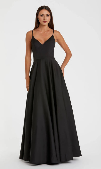 A-line V-neck off shoulder sleeveless satin backless and floor length Evening dress