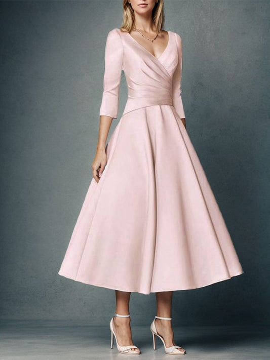 A-line V Neck Three Quarter Sleeve Wrap Satin Midi & High Low Formal Mother of the Bride Dress
