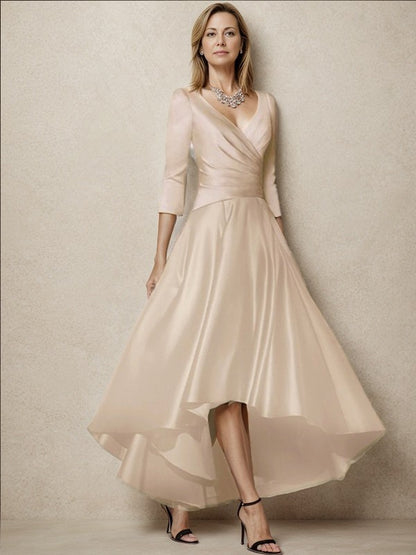 A-line V Neck Three Quarter Sleeve Wrap Satin Midi & High Low Formal Mother of the Bride Dress