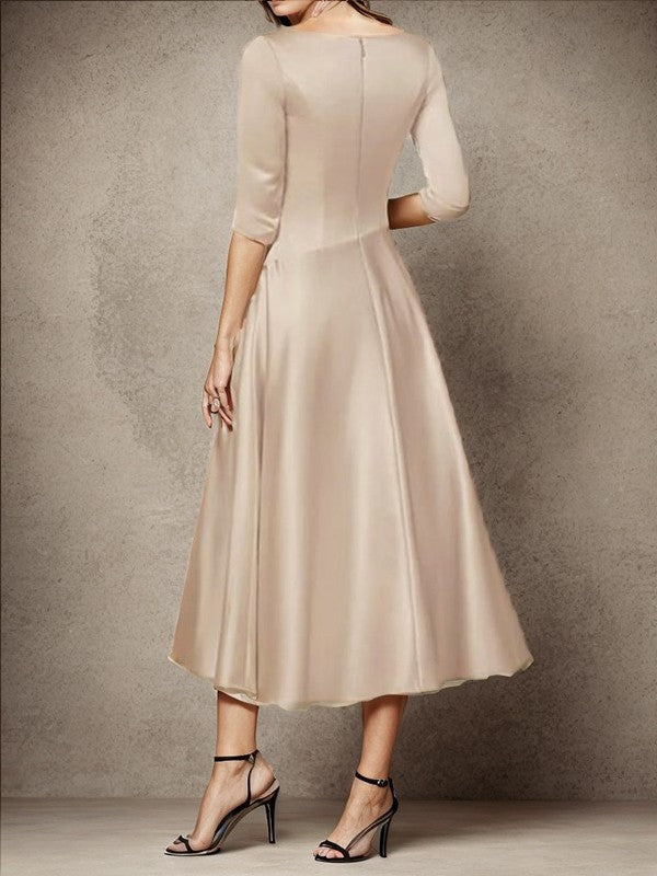 A-line V Neck Three Quarter Sleeve Wrap Satin Midi & High Low Formal Mother of the Bride Dress