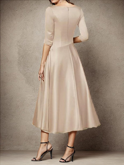 A-line V Neck Three Quarter Sleeve Wrap Satin Midi & High Low Formal Mother of the Bride Dress