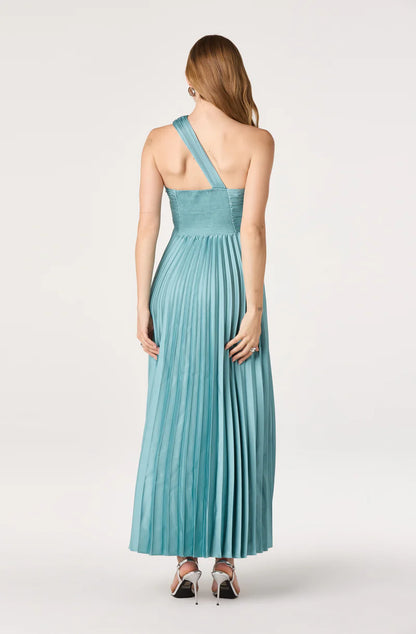 Elegant Pleated Teal A-Line One-Shoulder Sleeveless Open-Back Maxi Evening Dresses