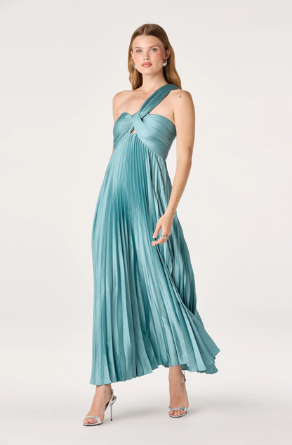 Elegant Pleated Teal A-Line One-Shoulder Sleeveless Open-Back Maxi Evening Dresses