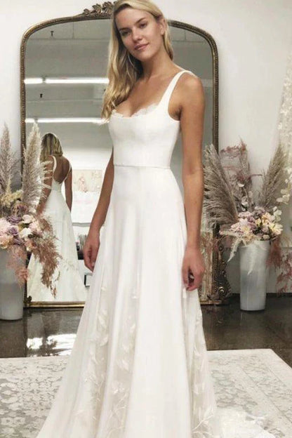 A line White Satin Wedding Dresses with Tulle Appliques Spaghetti Straps Bridal Dress