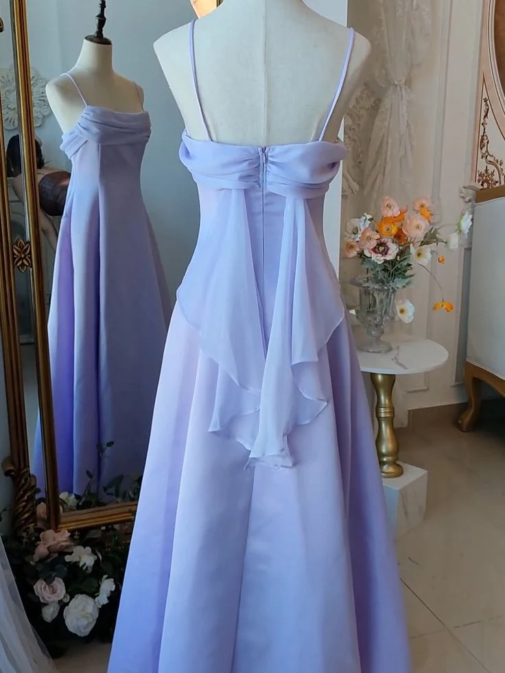 Airy Satin Cowl Neck Spaghetti Strap Chiffon Drape Back Floor-Length A-Line Prom Dress