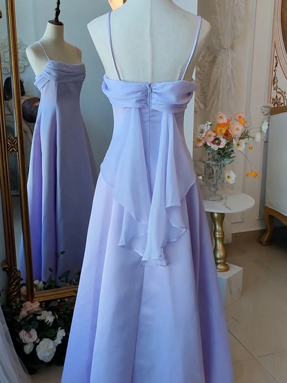 Airy Satin Cowl Neck Spaghetti Strap Chiffon Drape Back Floor-Length A-Line Prom Dress