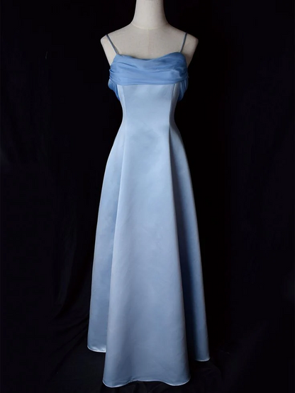 Airy Satin Cowl Neck Spaghetti Strap Chiffon Drape Back Floor-Length A-Line Prom Dress